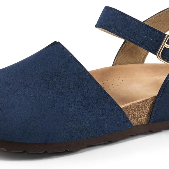 Womens Cork Footbed Sandals Suede Closed Toe Flat Summer Casual Shoes - Picture 1 of 6